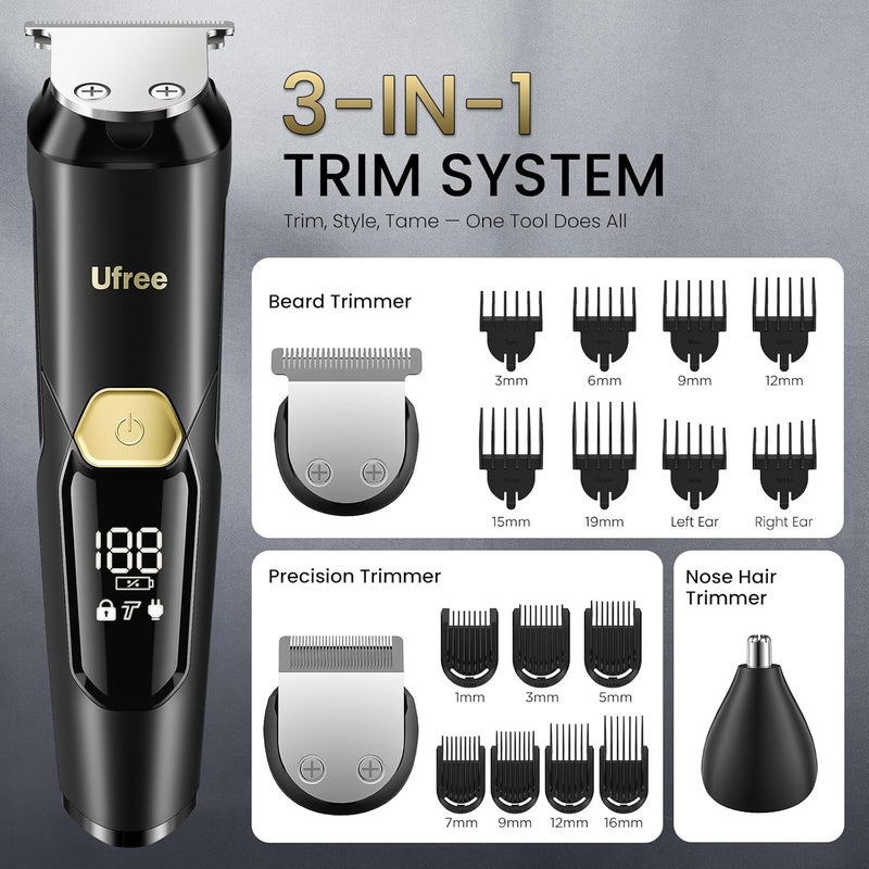UFREE 3-in-1 Beard Trimmer Kit, Men's Electric Shaver Razor for Mustache Body Nose Facial Hair, Professional Hair Trimmer, Rechargeable Clippers, Waterproof Beard Grooming, Birthday Gifts for Men - Image 4